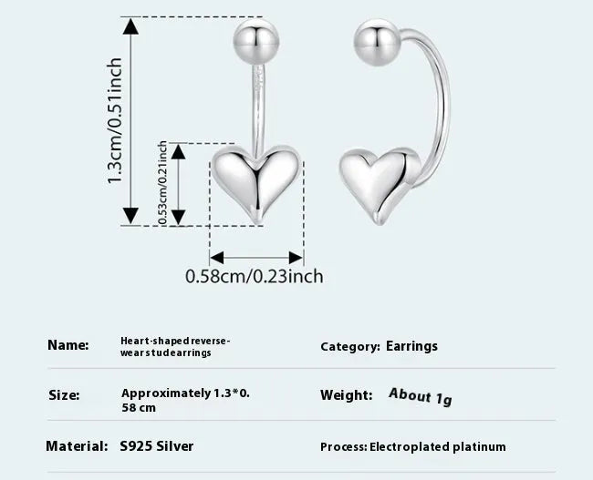 New Love reverse ear studs, 925 silver heart shape, women's minimalist style electroplated finish