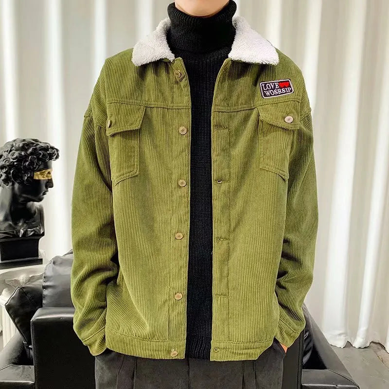 Men's loose fit corduroy workwear jacket in solid khaki green or black with stick pockets