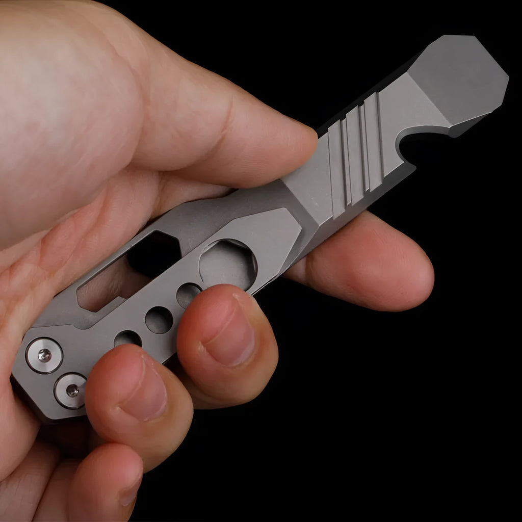 Titanium alloy TC4 multi-function crowbar with pry tip, screwdriver, and bottle opener in stone wash finish