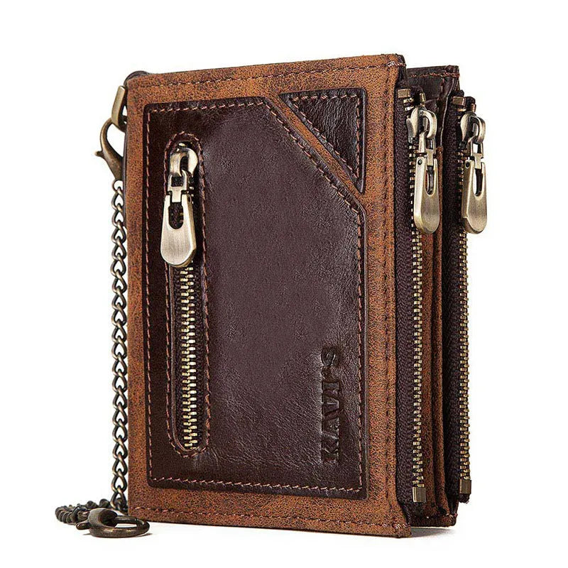 Dark brown men's RFID anti-theft leather wallet with security chain and letter pattern detailing