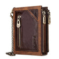 Dark brown men's RFID anti-theft leather wallet with security chain and letter pattern detailing
