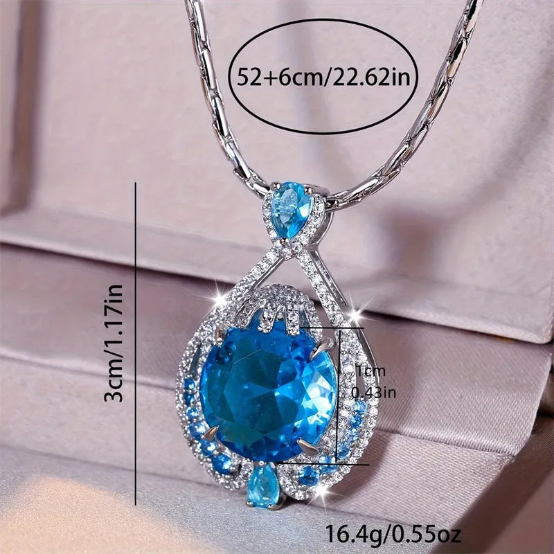 Blue fireworks-cut gem geometric pendant necklace on water wave chain for women