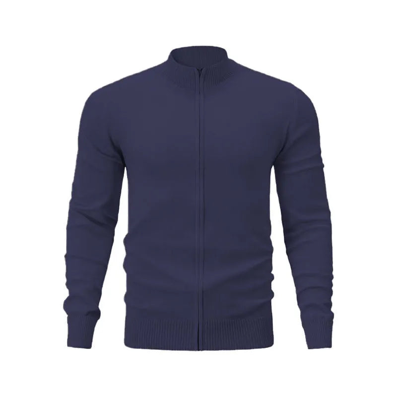 Casual zip-front sports sweater with a stand collar in a solid colour.
