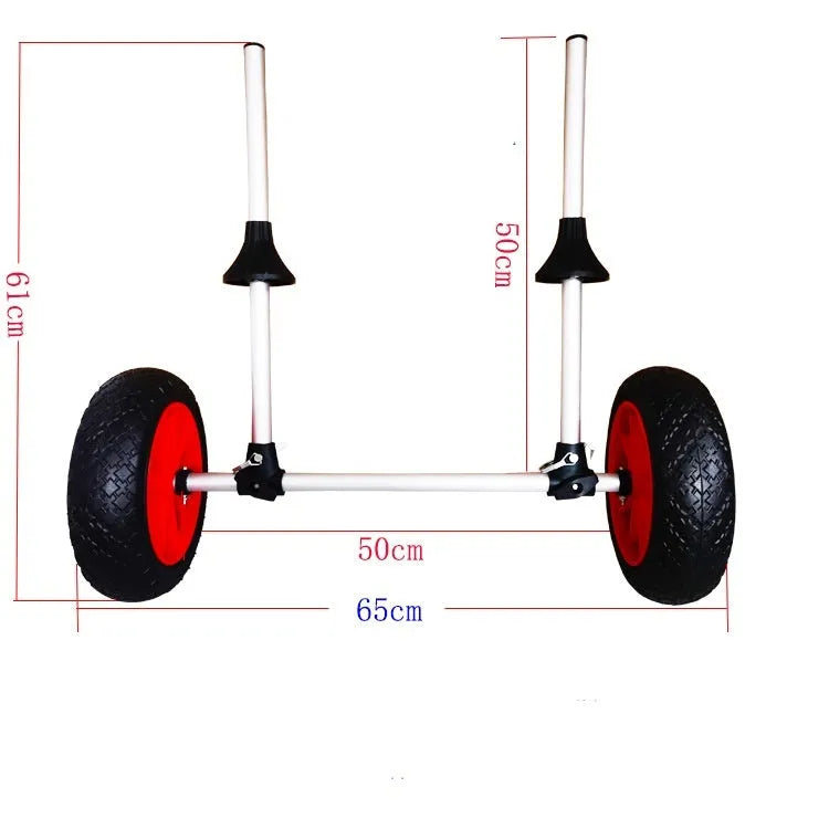 Foldable aluminium kayak beach trailer with upright pole platform on sand