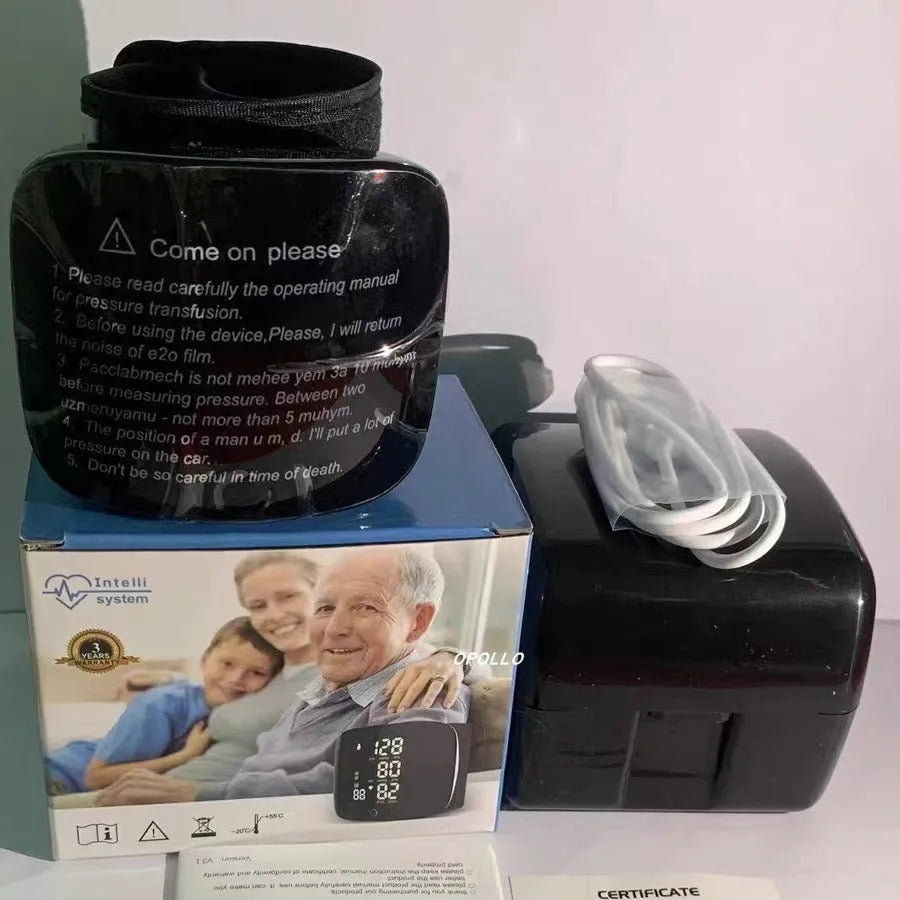 Black digital wrist blood pressure monitor with USB charging port and multi-language voice function.
