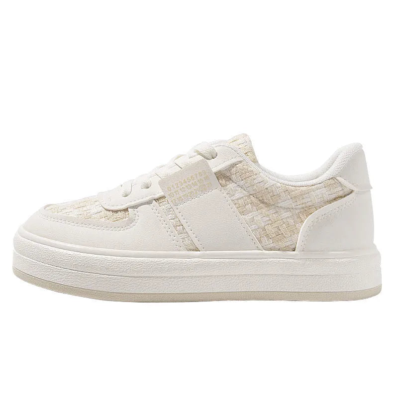 Beige plaid platform leisure sports board shoes with microfiber upper and lace-up closure