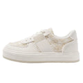 Beige plaid platform leisure sports board shoes with microfiber upper and lace-up closure