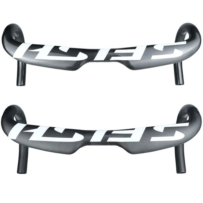 Carbon fibre road bike bent handlebar with internal cable routing in black finish, 31.8mm clamp