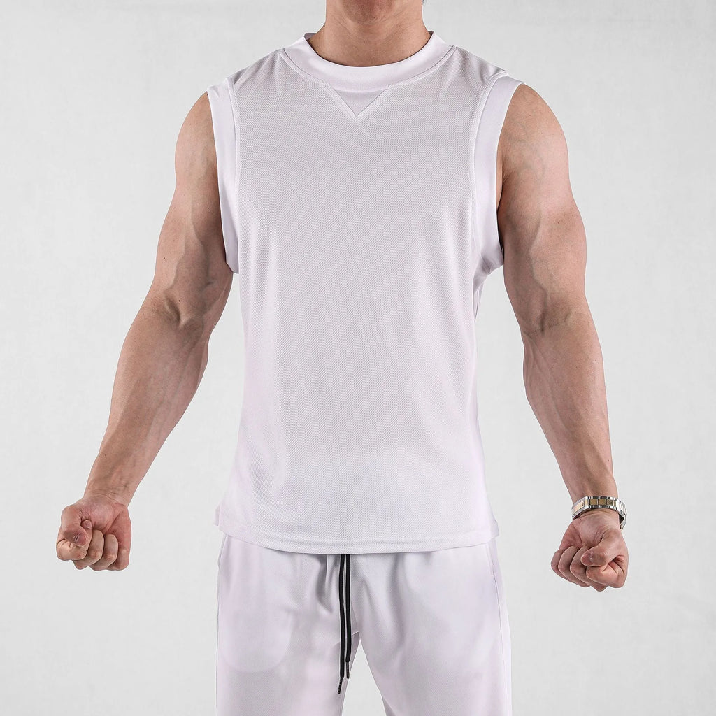 Men's black and white polyester fitness vest in loose fit design for summer workouts