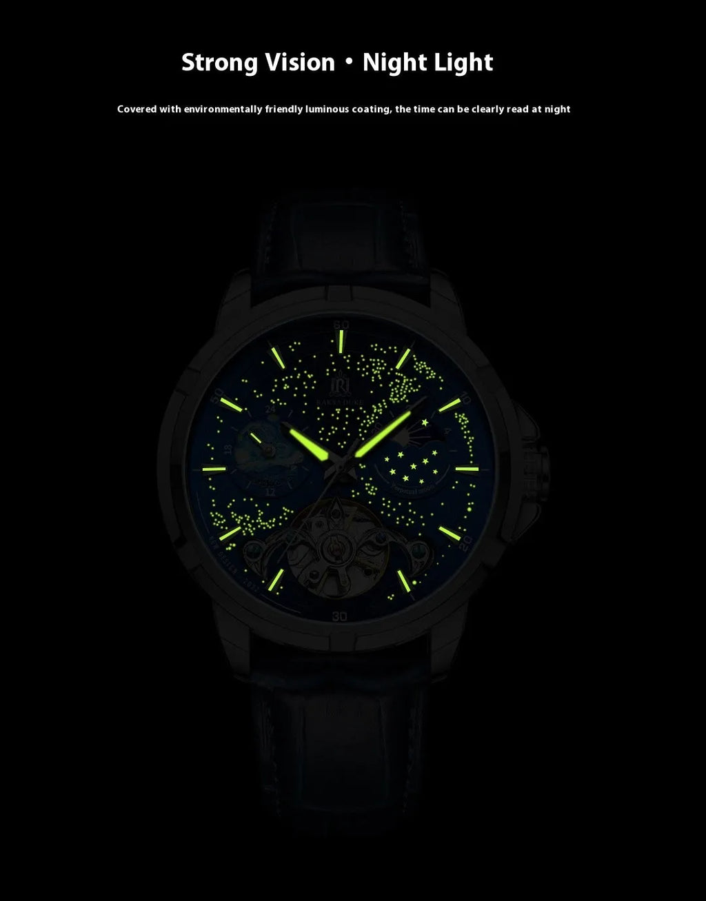 Men's blue dial automatic mechanical watch showing size 885b and 14mm thickness