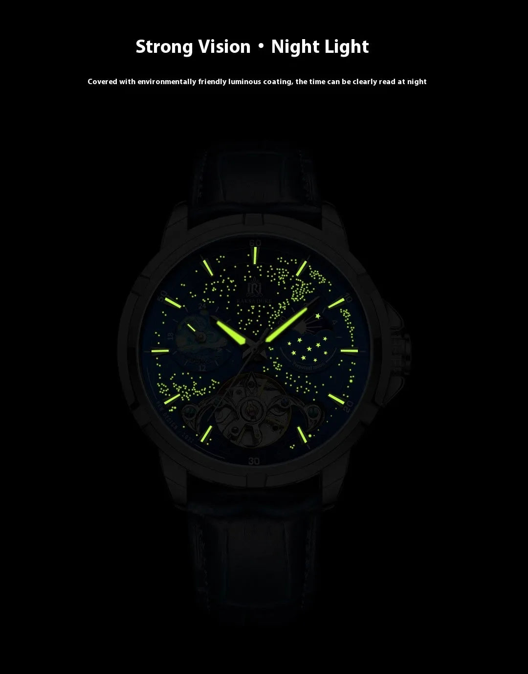 Men's blue dial automatic mechanical watch showing size 885b and 14mm thickness