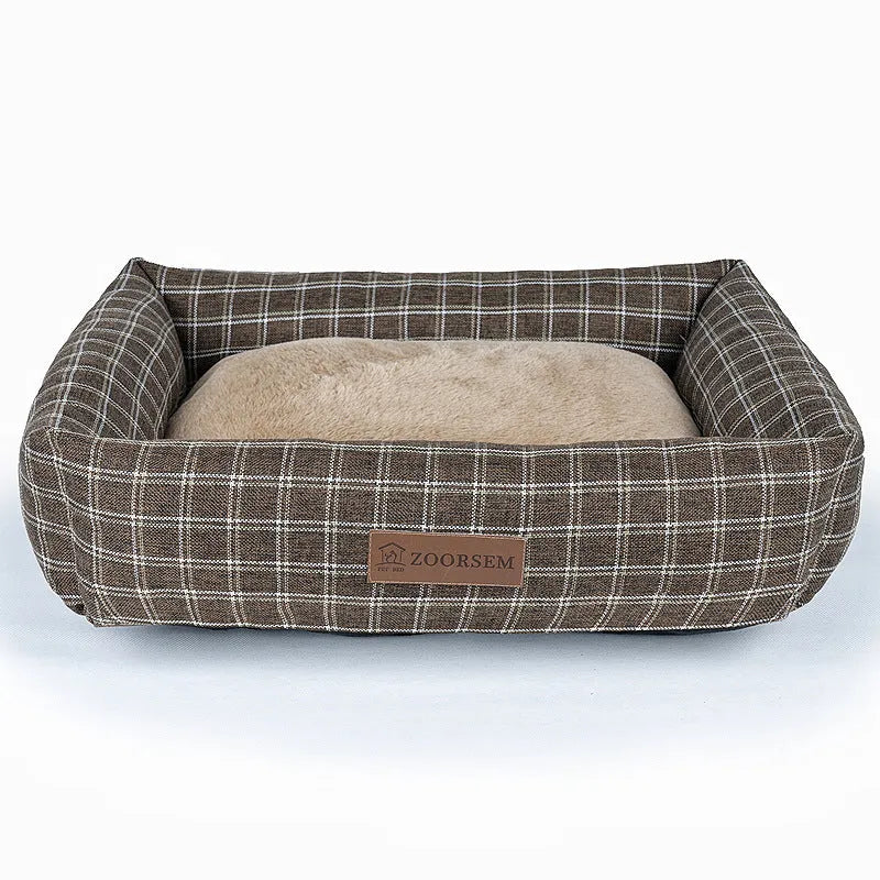 Square cloth dog bed in four colours and sizes, including gray, brown, gray plaid, brown plaid, from 50x40 cm to 80x60 cm