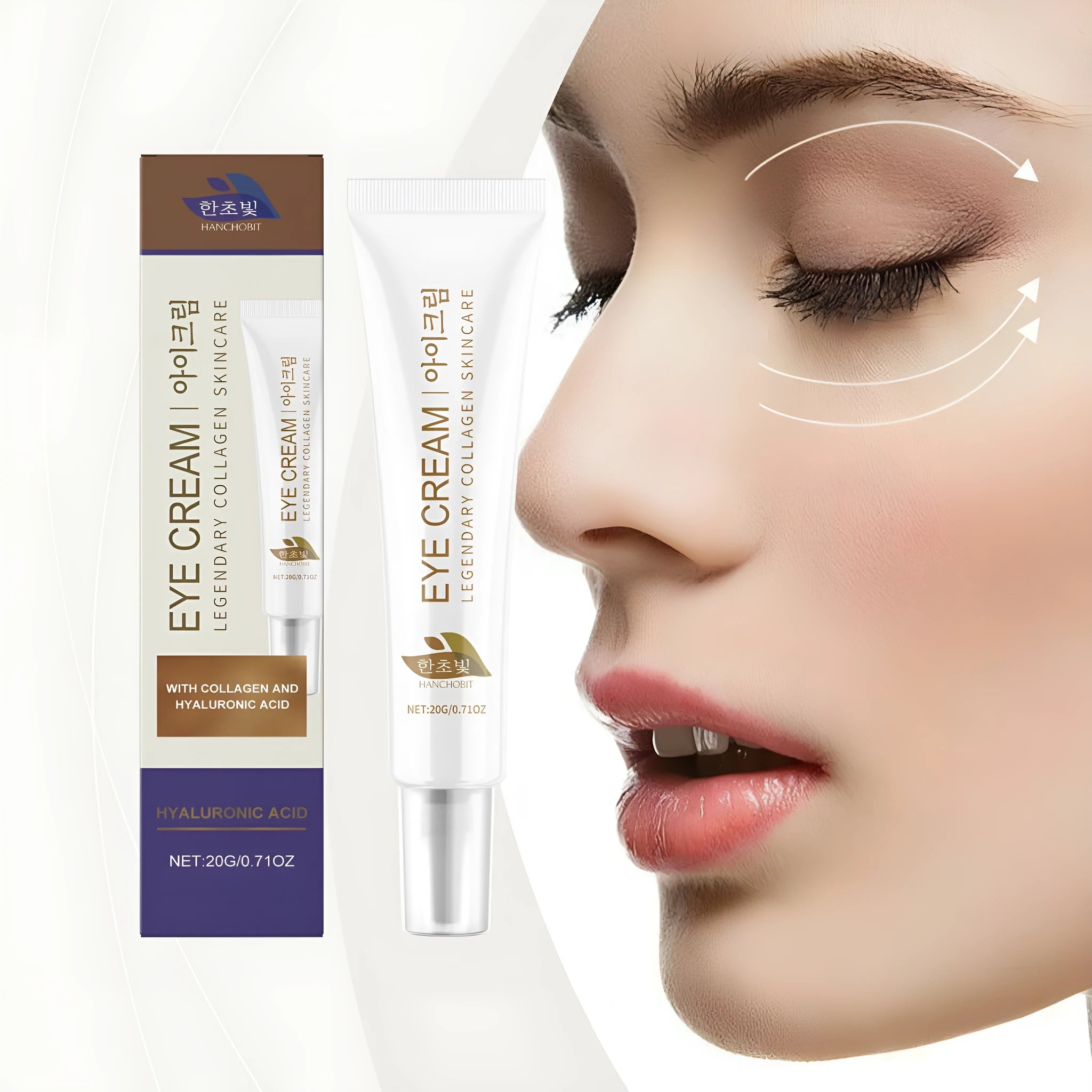 Collagen eye cream with hyaluronic acid in a 20g white pot, product shot