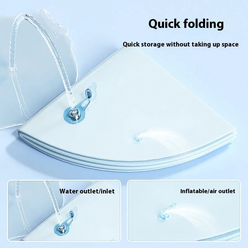 Blue inflatable PVC water mattress for pets with dolphin design, showing cooling gel interior