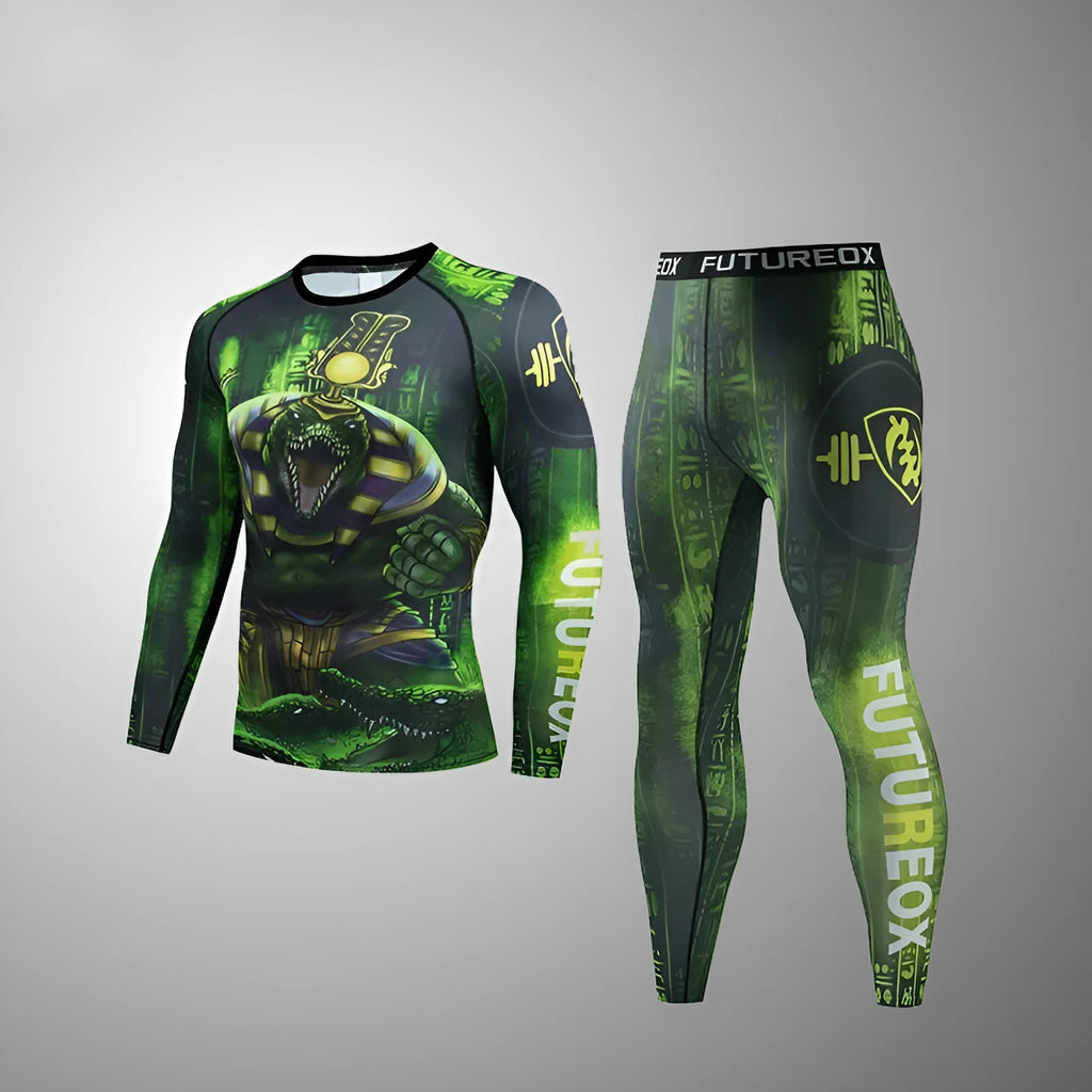 Man wearing a slim-fit, long-sleeve printed sports suit for running and outdoor activities.
