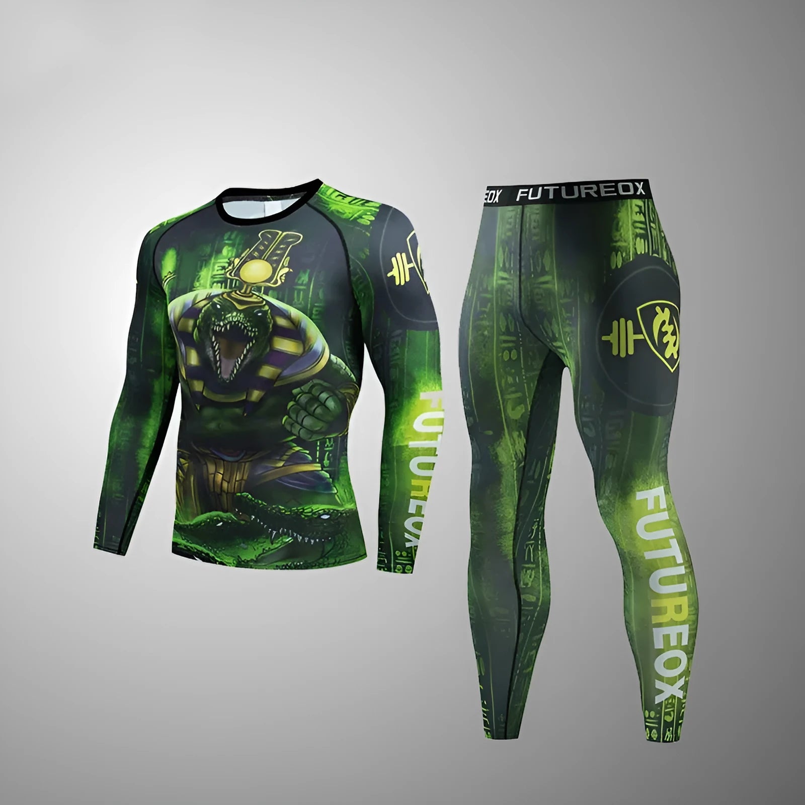 Man wearing a slim-fit, long-sleeve printed sports suit for running and outdoor activities.