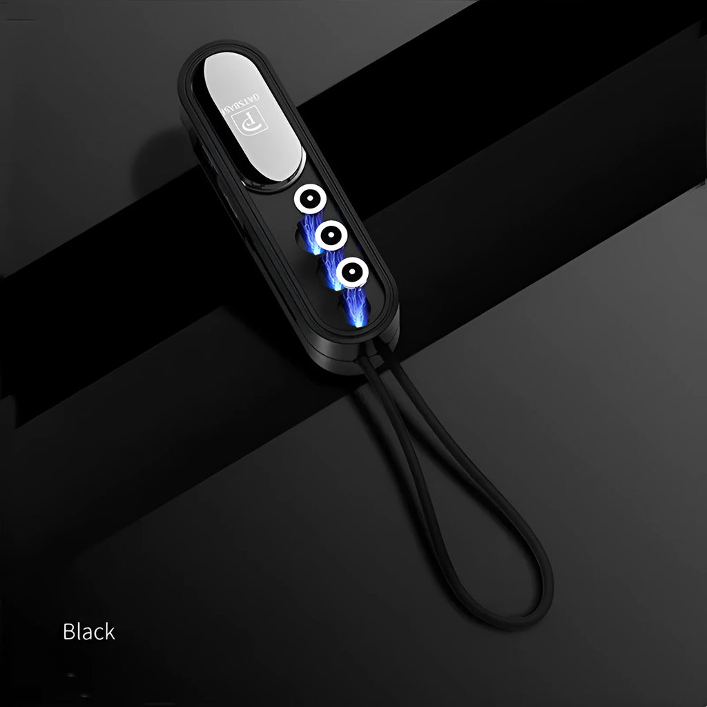 Magnetic three-in-one data cable in black with USB interface and three branch connectors