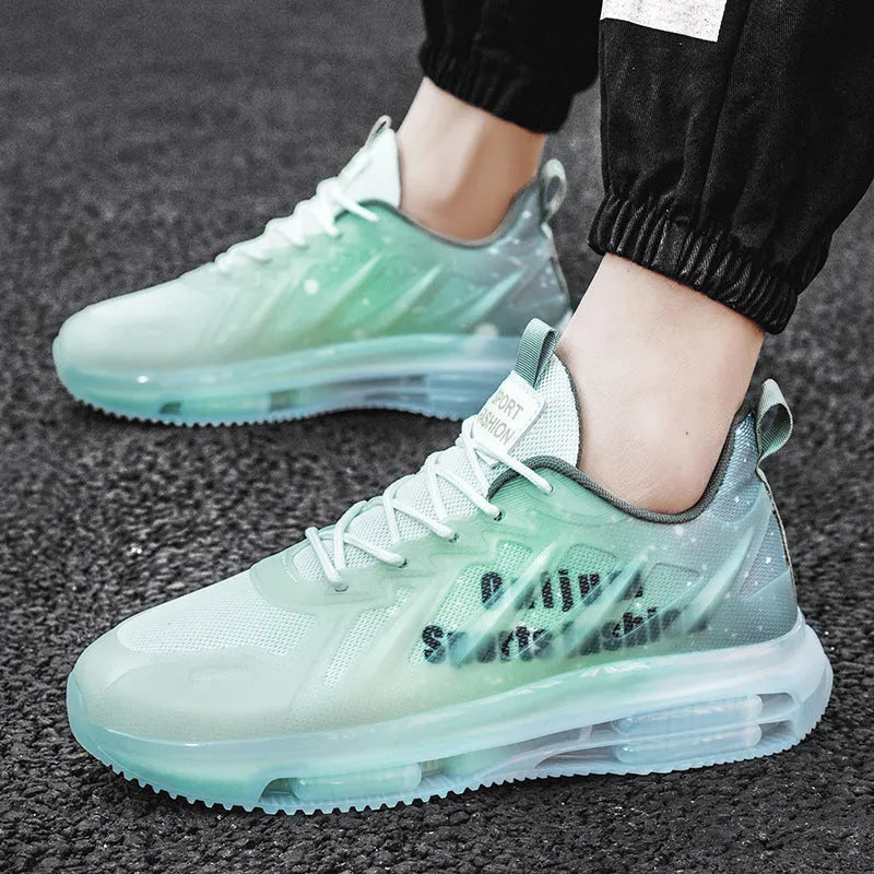 Men's black-green heightened platform trainers with mesh upper and rubber sole