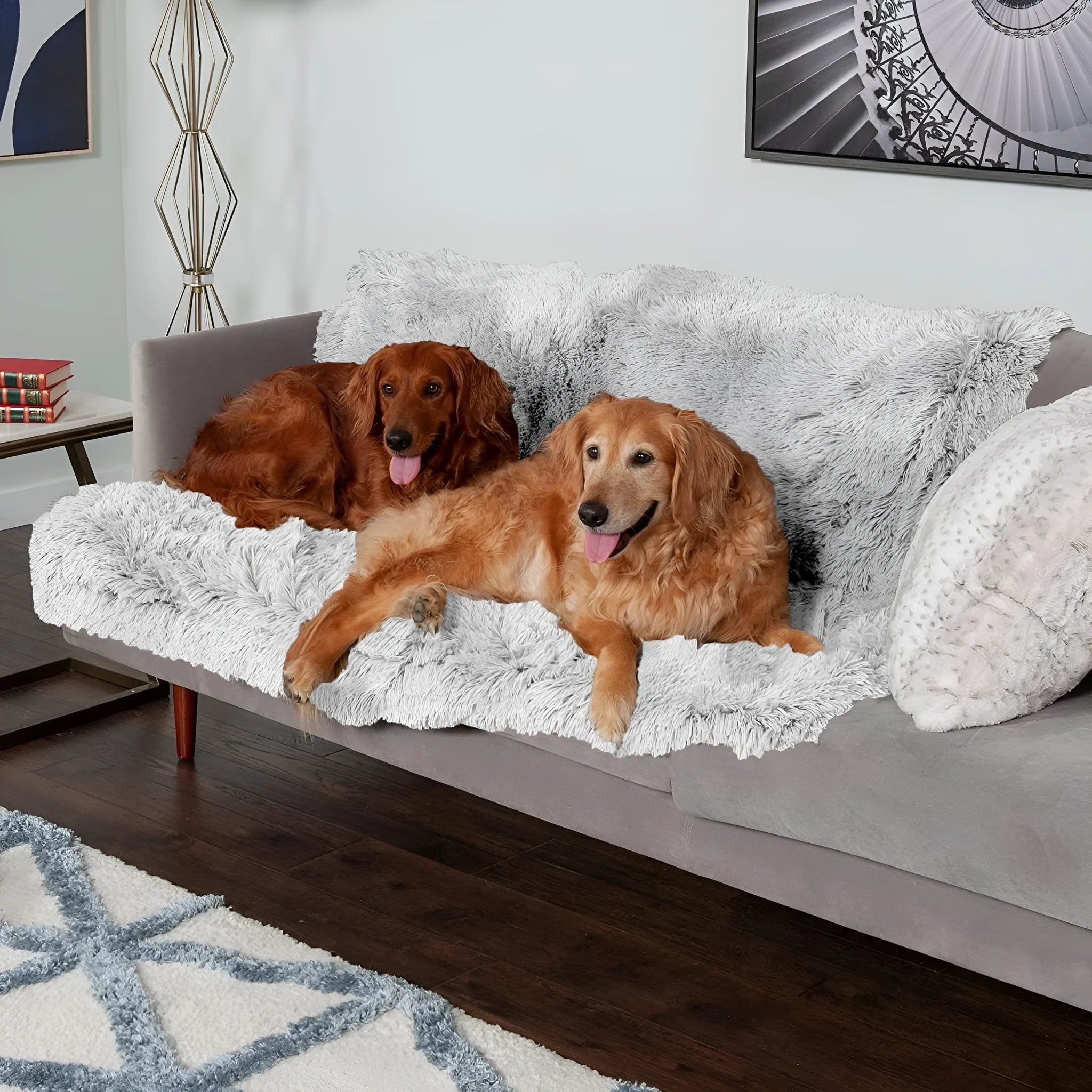 Plush waterproof double layer dog cushion in dark gray, showing soft fabric surface and edge stitching