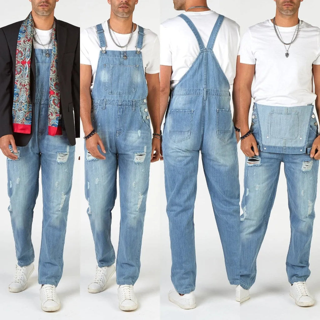 Men's light blue ripped high waist suspender jeans with button fly