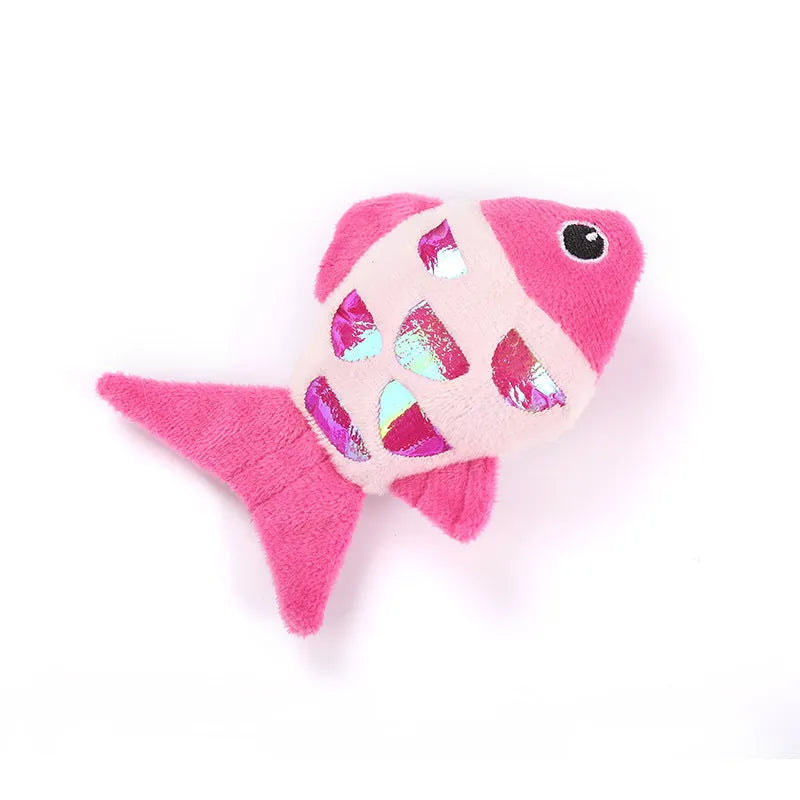 Two soft plush catnip fish toys for cats with crinkle sound, available in blue, orange, and pink.