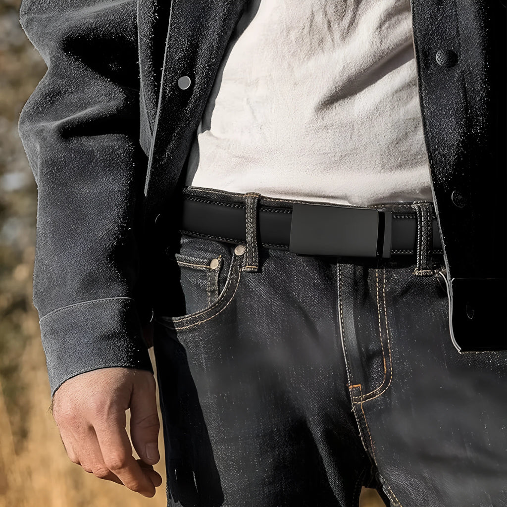Men's PU leather embossed automatic buckle belt with alloy buckle, 120-140cm length, multiple colour options