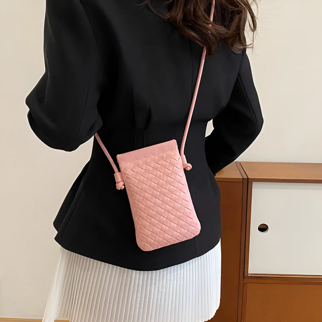 Vintage weave PU crossbody phone bag in black with silver webbing strap