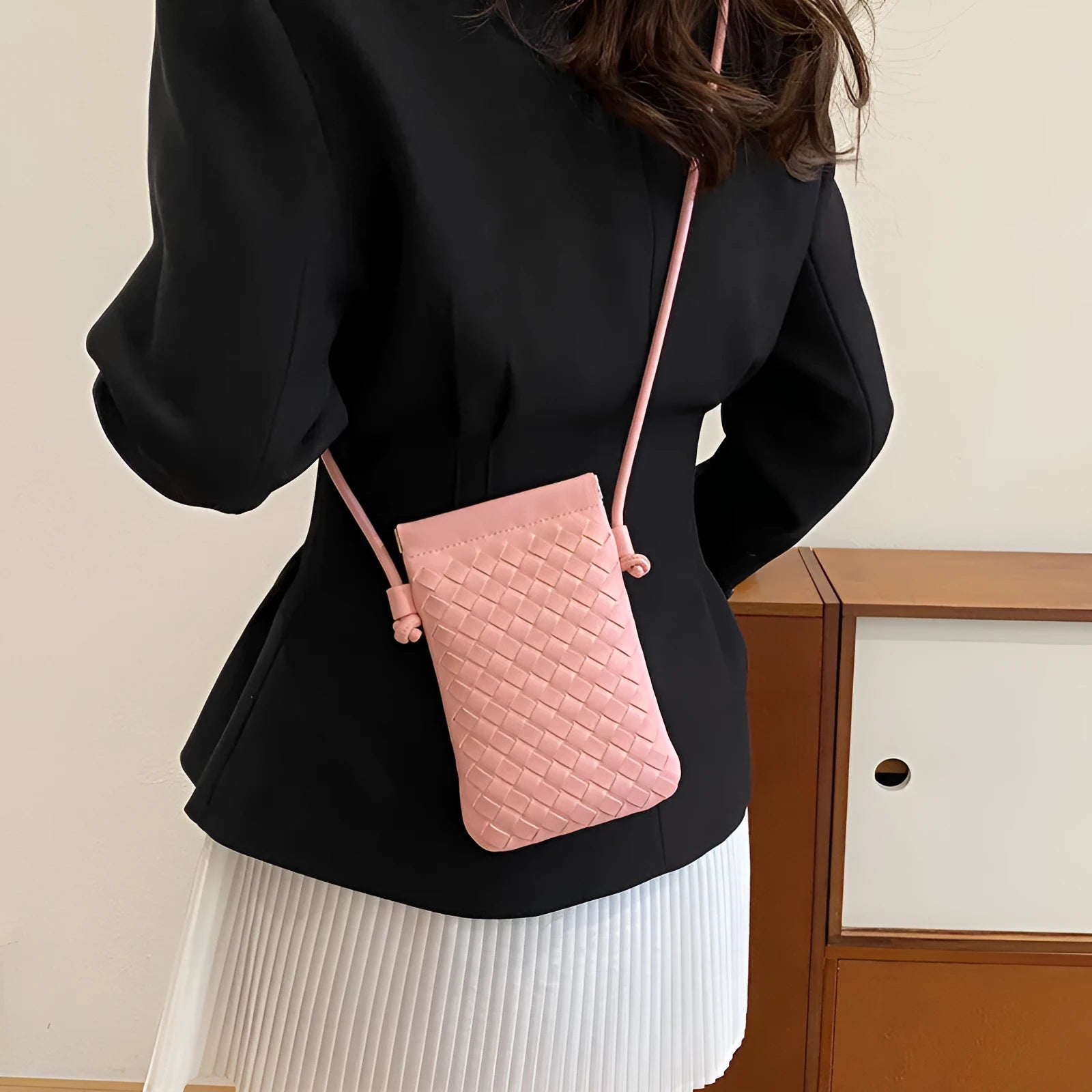 Vintage weave PU crossbody phone bag in black with silver webbing strap