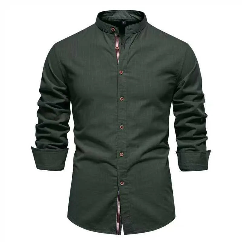 Men's solid colour linen blend long sleeve shirt in ivory white, front view, with non-iron finish