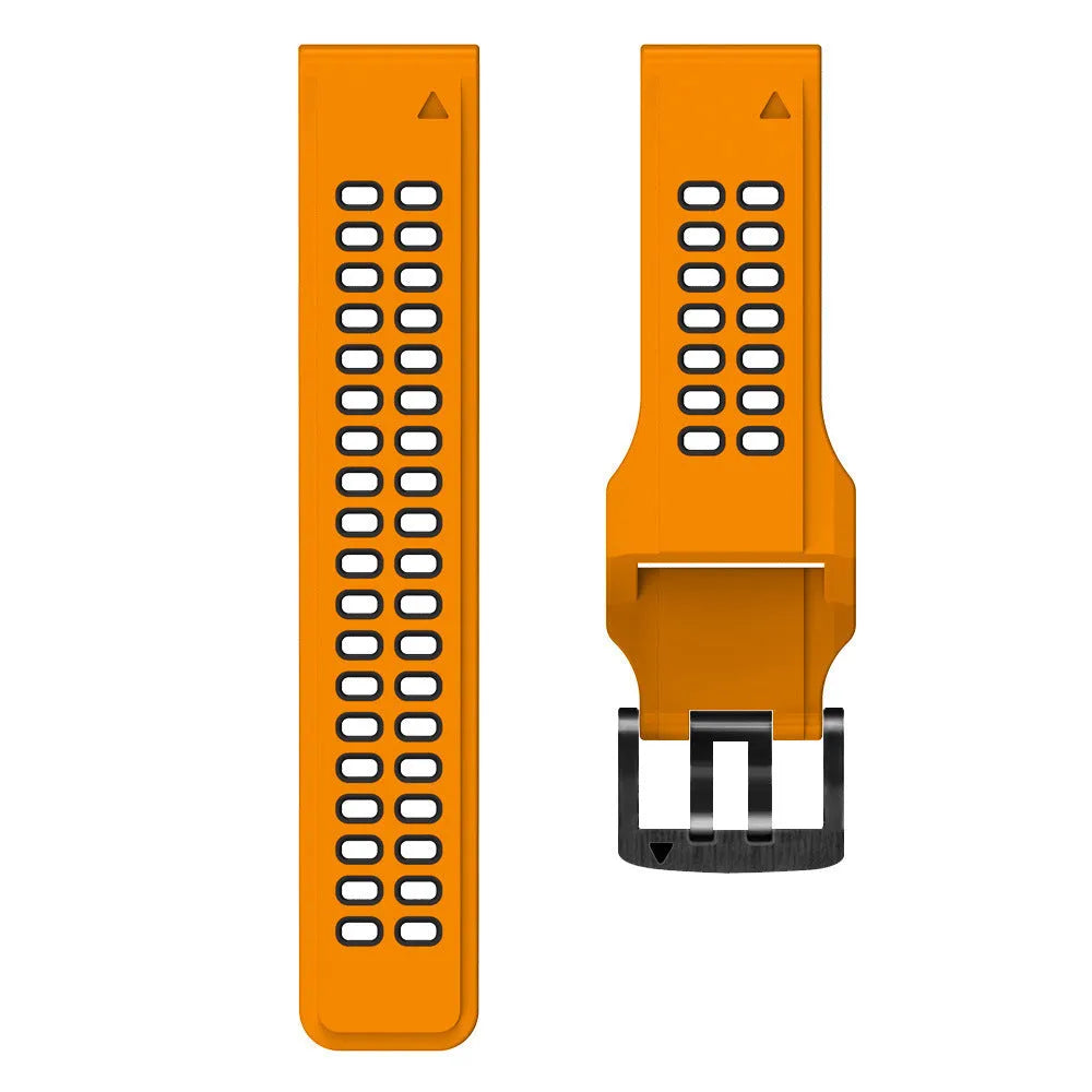 Quick release two-colour silicone watch strap with pin buckle, shown in multiple colour options.