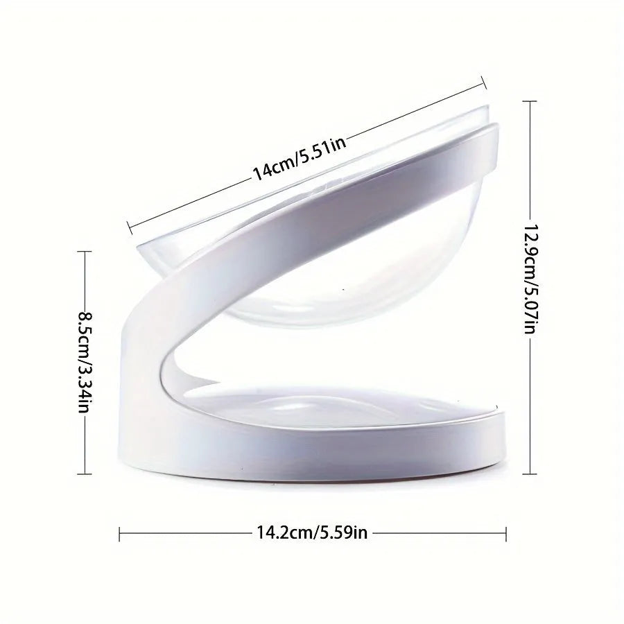 White clear plastic tilted cat food bowl for ergonomic feeding