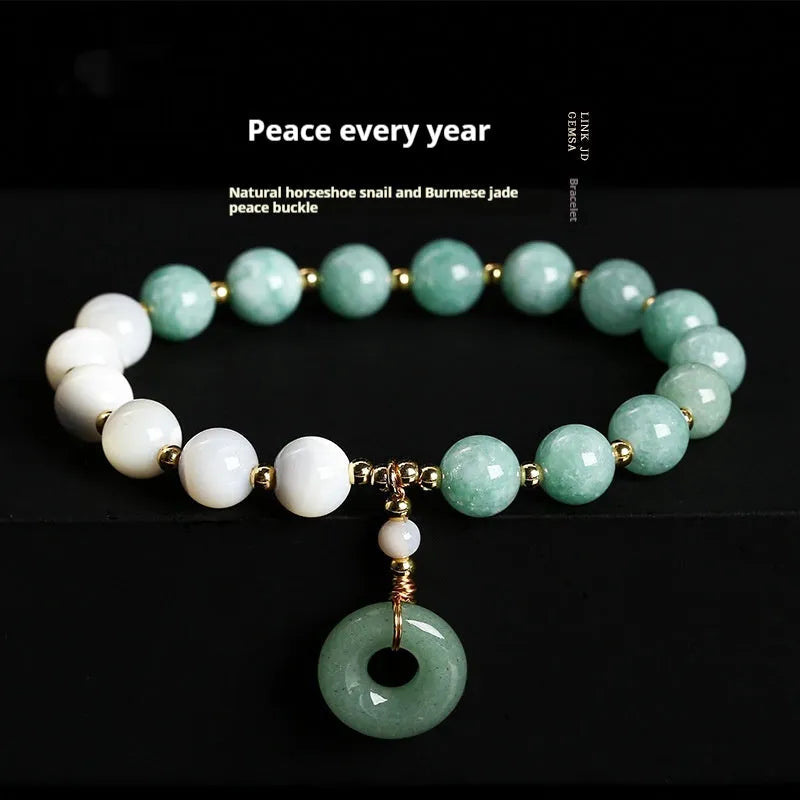 Natural horseshoe screw Burma jade safety buckle bracelet with 8mm blue beads and copper setting for women