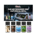 Car air freshener refill pack with five small bottles labelled sandalwood, ocean, vanilla, lavender, and citrus scents