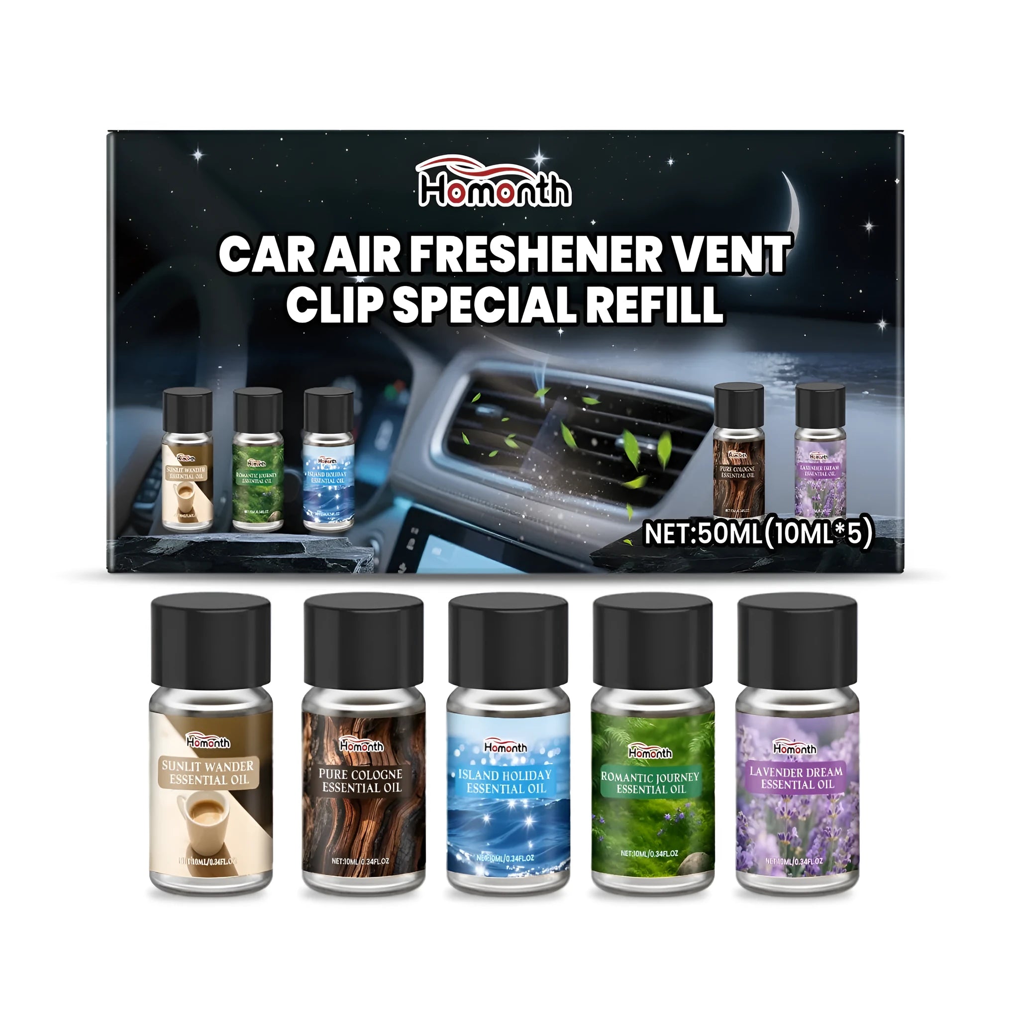 Car air freshener refill pack with five small bottles labelled sandalwood, ocean, vanilla, lavender, and citrus scents