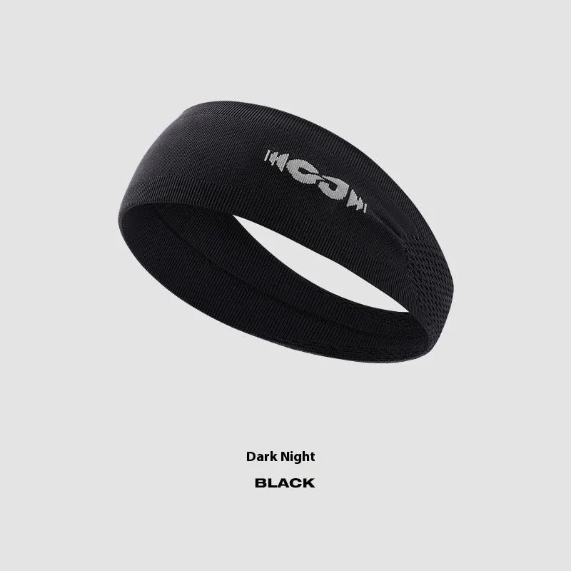 Seamless knitted exercise hair band in black, grey, and blue for sports.