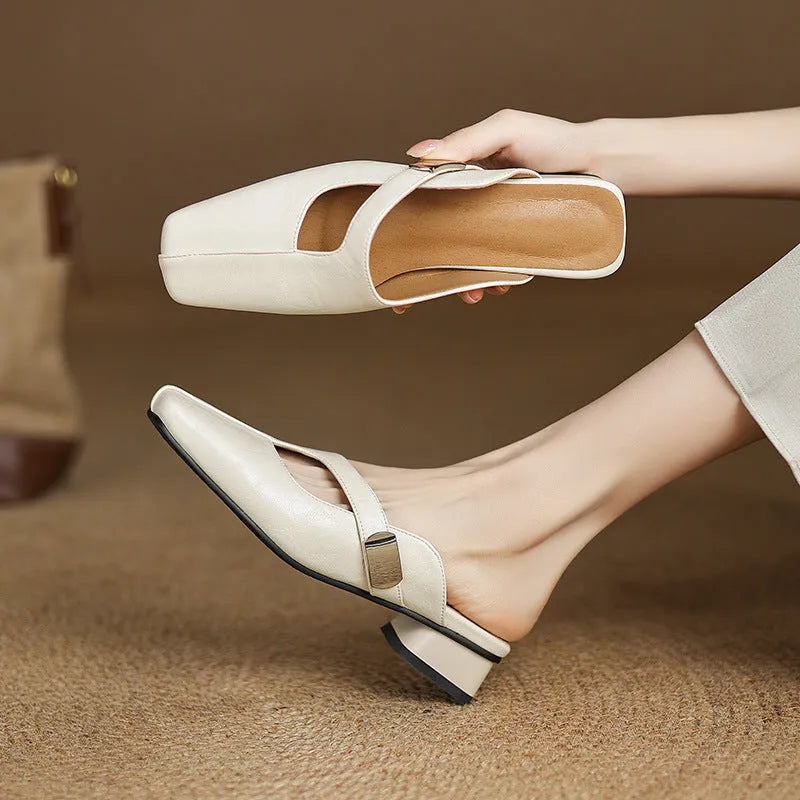 Women's low-heel casual slipper with a square toe in artificial PU, shown in a choice of colours.