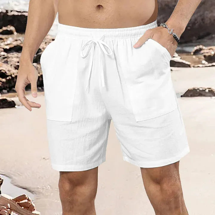 Men's cotton linen summer shorts in light blue with straight leg fit, front view