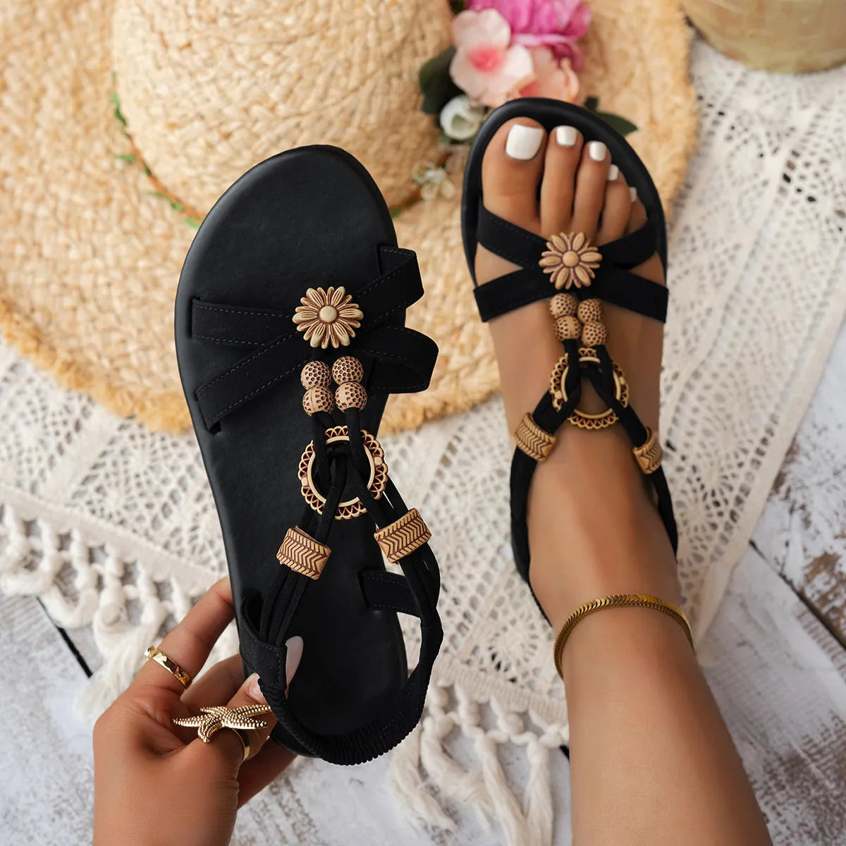 Black ethnic style women's woven flat sandals with bead decorations and elastic bands