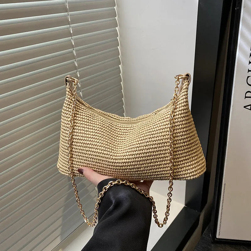 Women's woven straw crossbody bag in khaki with mobile phone pocket, 27cm width