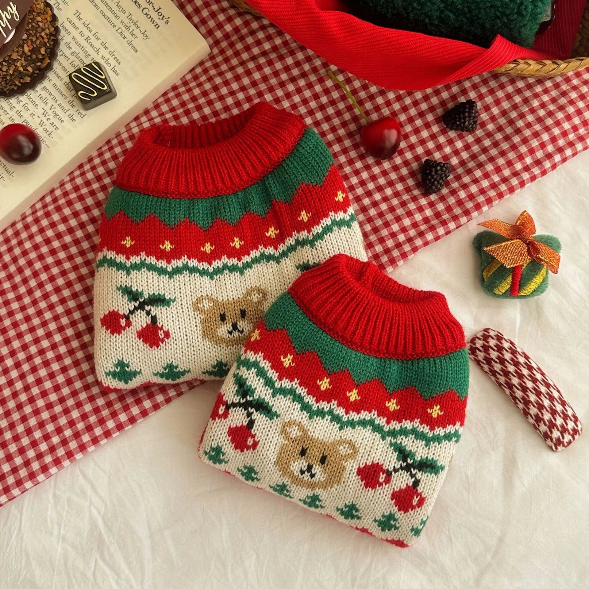 Christmas red cherry polyester pet sweater for small dogs and cats