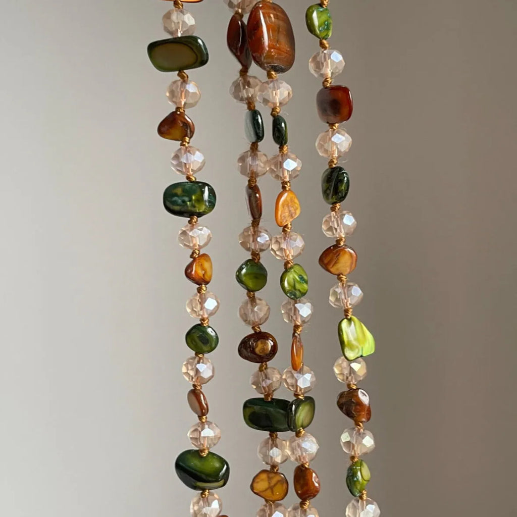 Retro bohemian coffee green double layer shell bead necklace with pearl shell pendant on regular chain