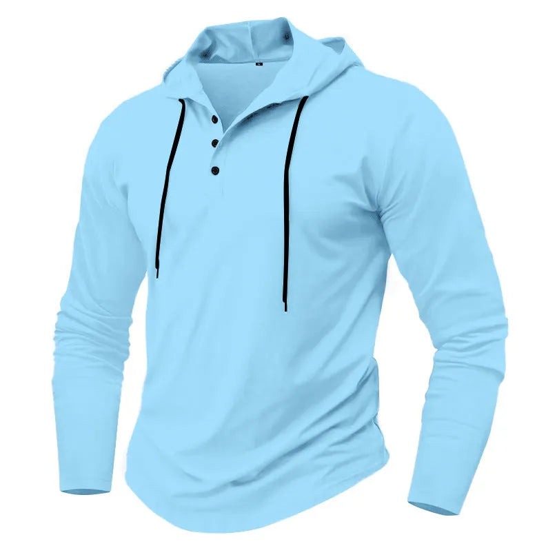 Men's sports fitness hooded long sleeve top in thin polyester, available in 10 colours, Asian sizing S to XXXL