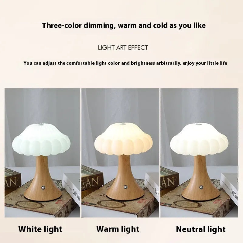 Mushroom-shaped touch night lamp with USB charging port in wood grain colour