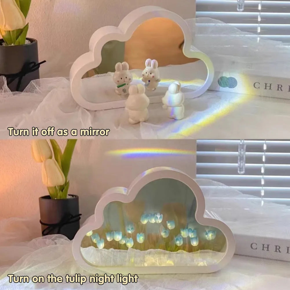 DIY tulip night lamp with cloud tulips, decorative mirror, and photo frame in pink LED mode