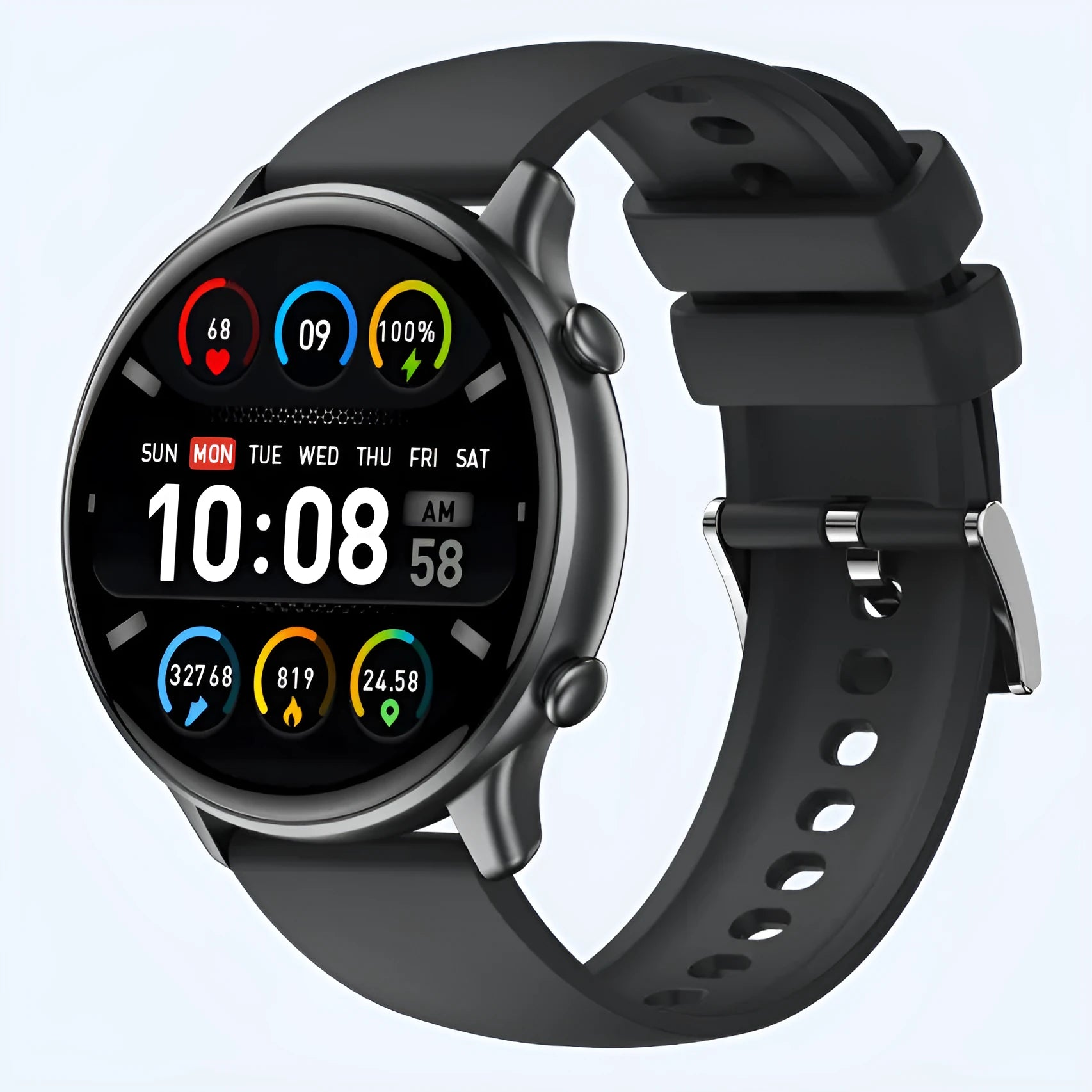 Smart sports watch with round full touch screen, silicone strap, and heart rate monitor display
