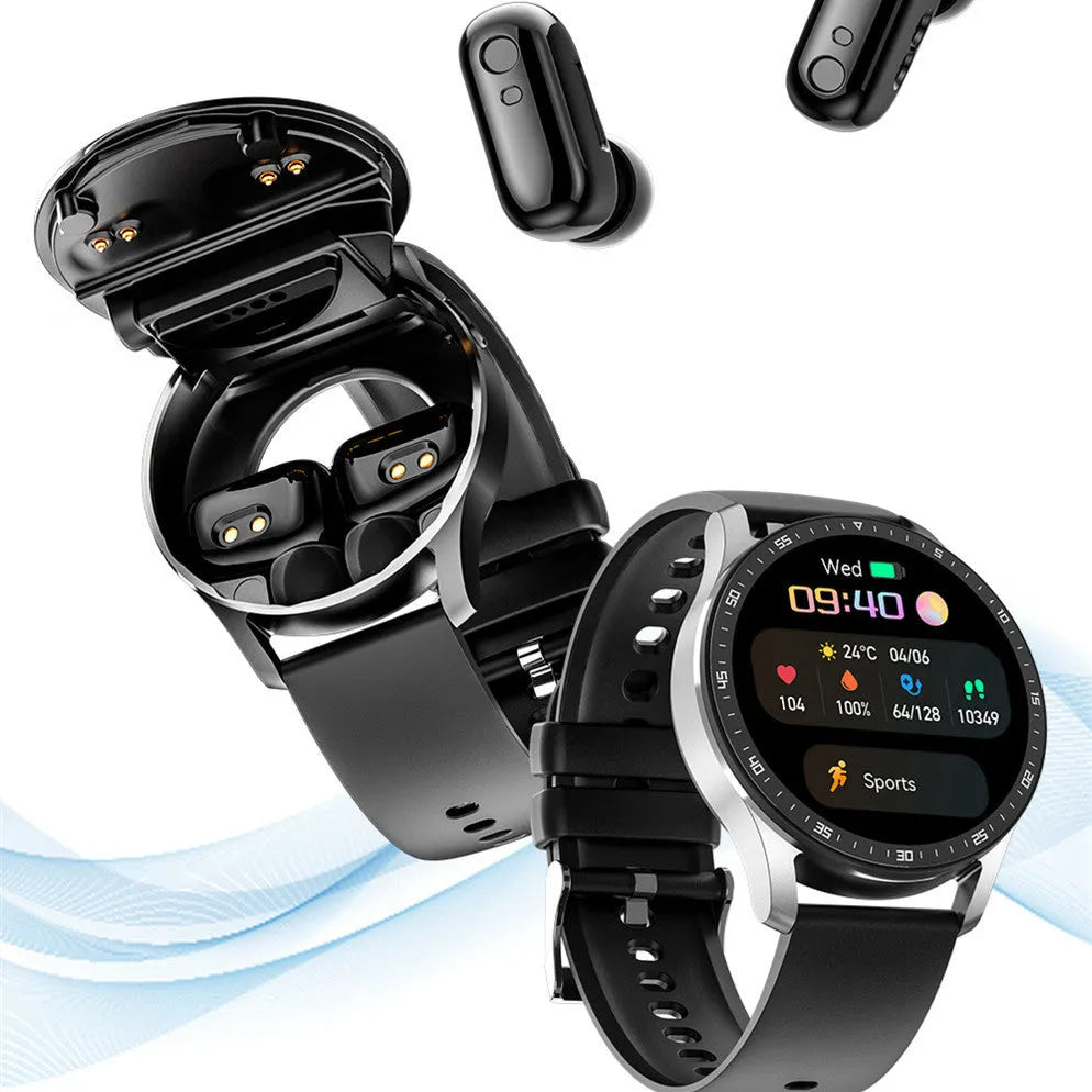 X7 smart watch with TWS earbuds, 1.32 IPS HD screen, IP67 waterproof, black strap, zinc-alloy case