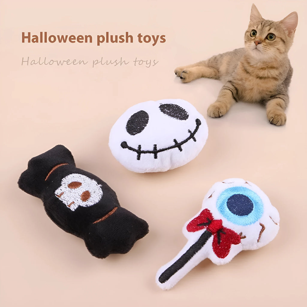 Small plush cat teaser toy with wand and colourful attachments for feline play