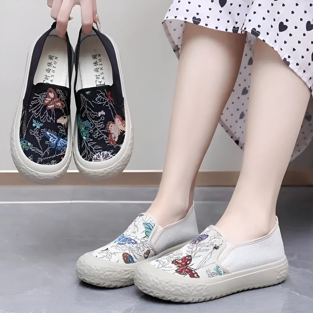 Old Beijing slip-on soft bottom canvas shoes for women – round toe cloth shoes in white with injection moulded sole