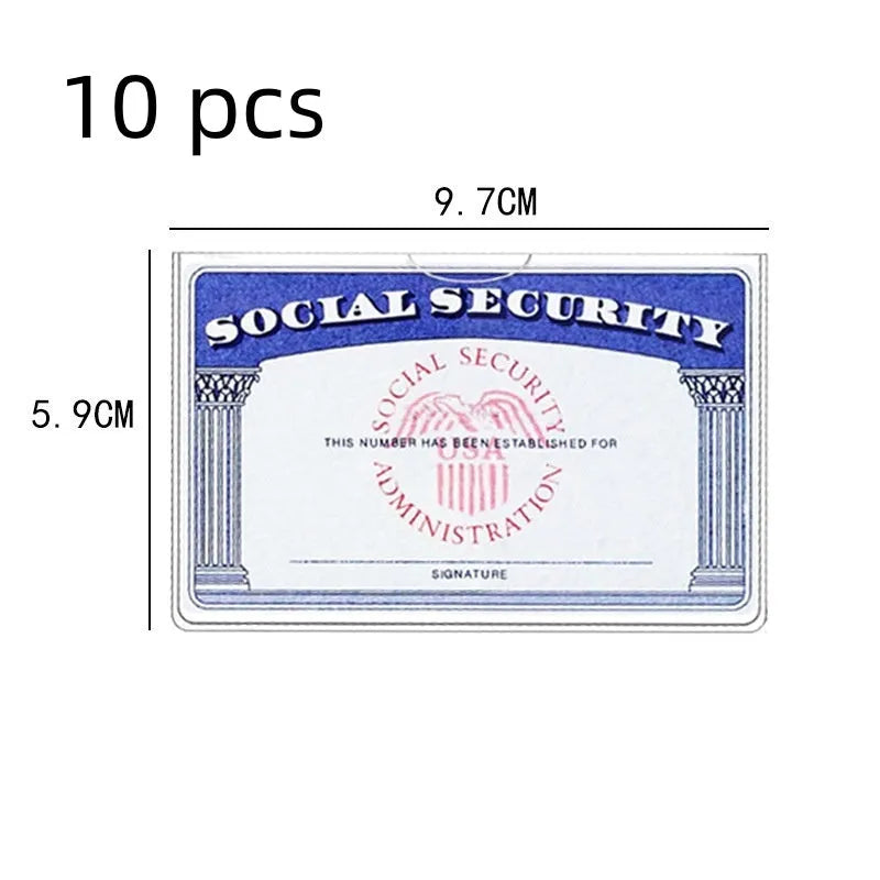 Transparent waterproof PVC card holder protecting a social security card, shown at actual 9.7cm by 5.9cm size.