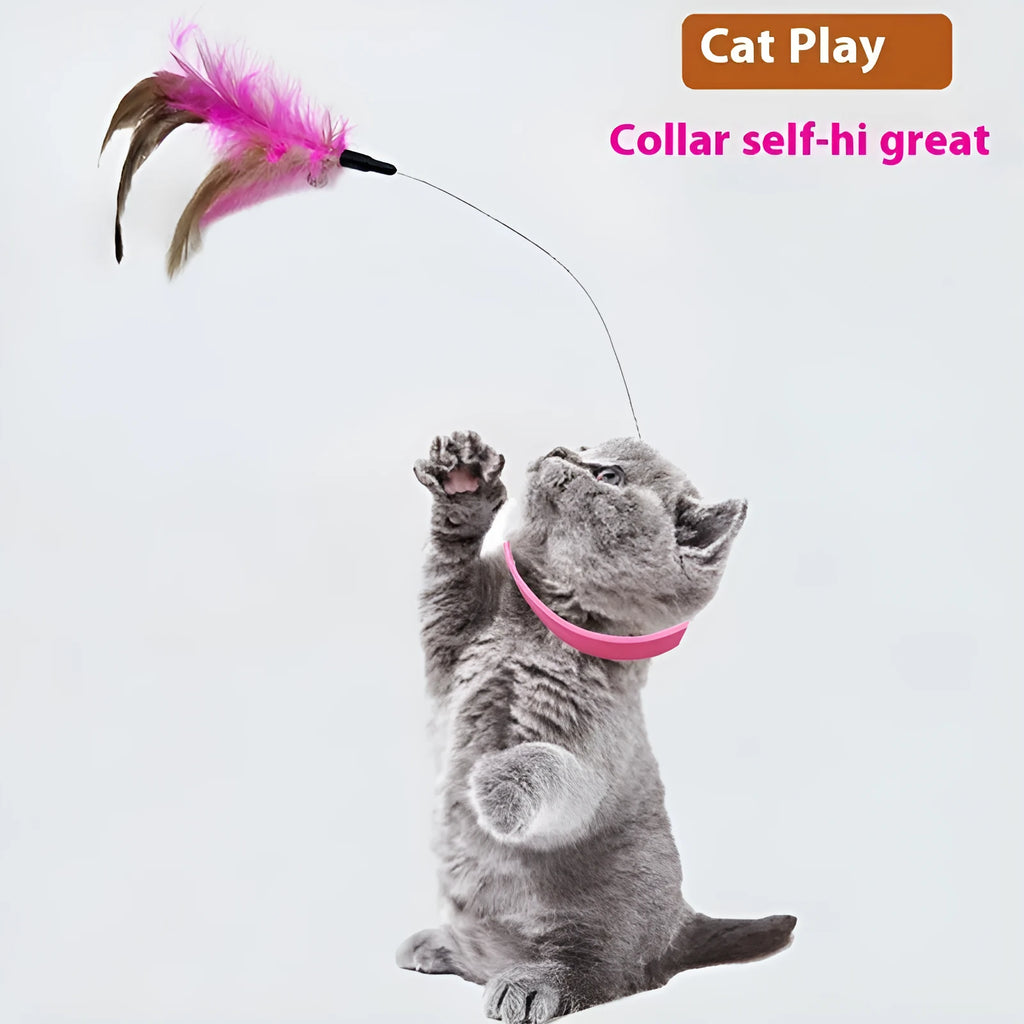 Blue collar cat teaser toy with feather and bell attachment on adjustable strap